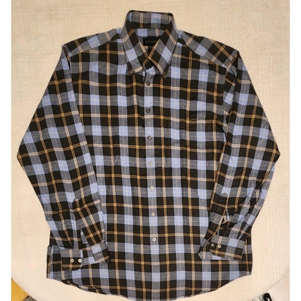 Scott Barber Shirt Mens Extra Large Blue Brown Gingham Button Down Long Sleeve‎